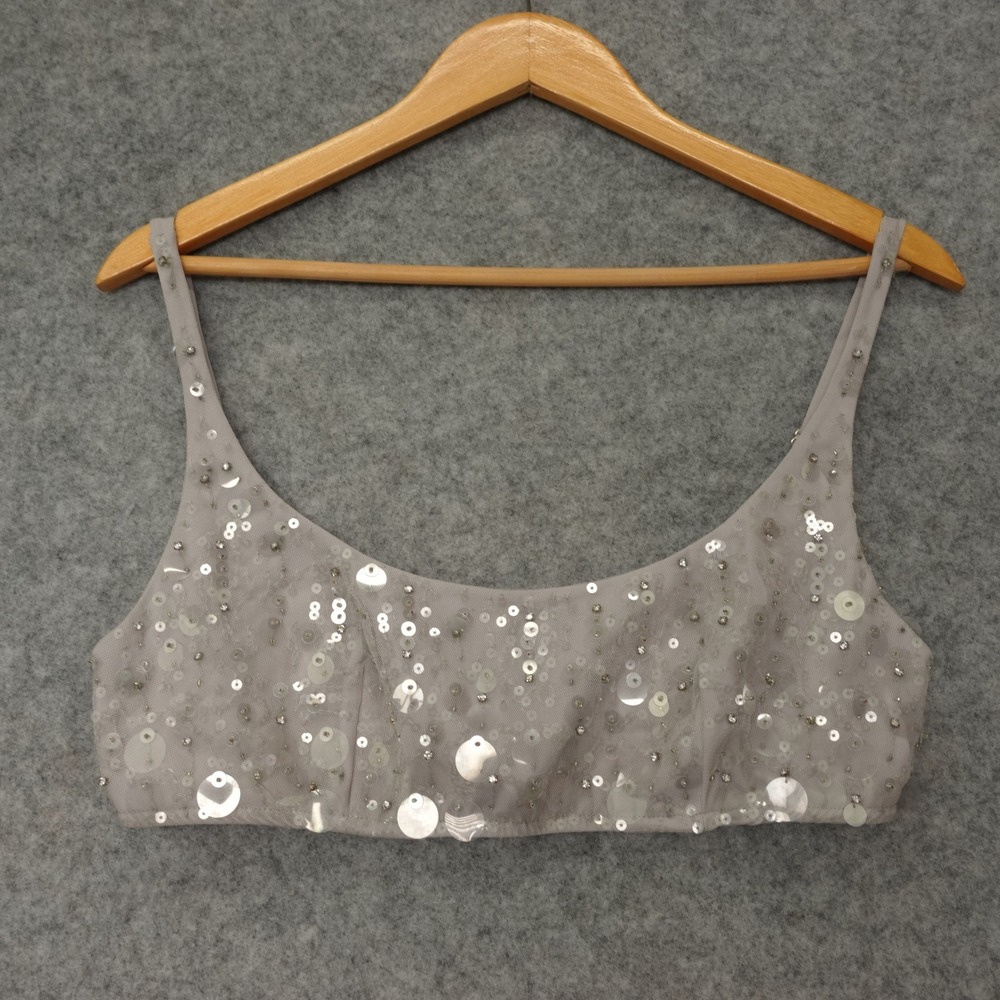 J Crew Womens Sequin Crop Top 6 SMALL Gray Mesh Y2K Futuristic Sparkle Bralette